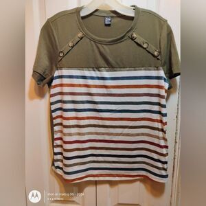 Button Accent Olive and Striped Short Sleeve Tee